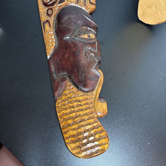 Hand Carved Wooden Wood Tribal Art Smoking No Problem Faces Set Of 2 Tiki Decor - Picture 5 of 9